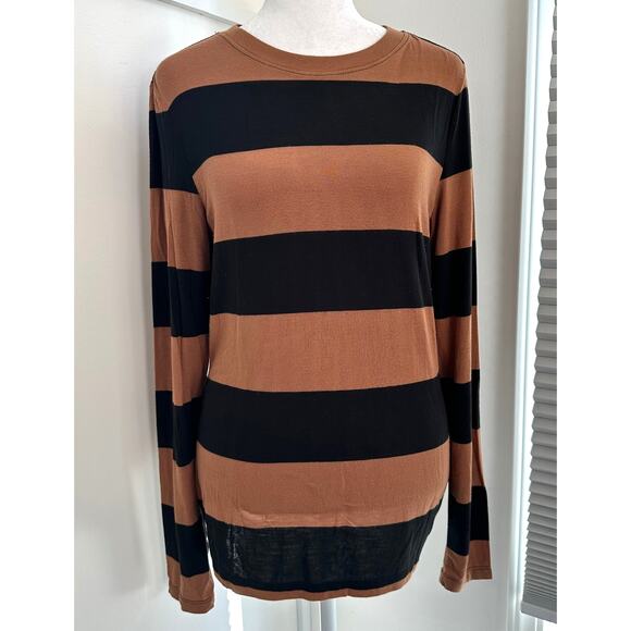 Alice + Olivia Tops - Alice + Olivia Colorblock Stripe Medium Brown Black Henley Pullover Long Sleeve